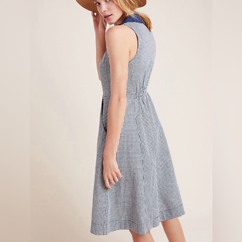 HTF Anthropologie Navy Blue Linen Cotton Gingham Camellia Collared Dress Size 10 - Picture 3 of 13